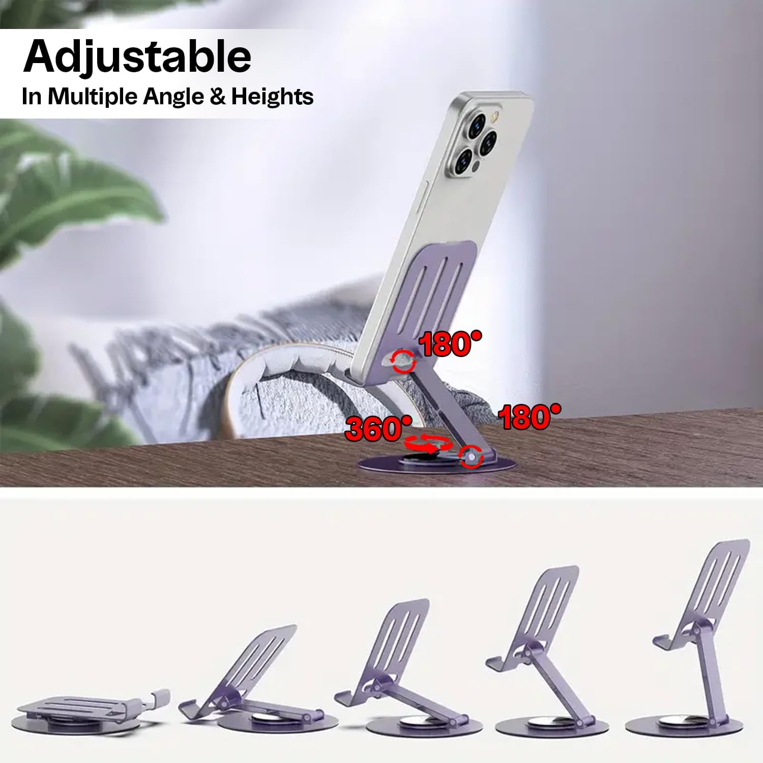360 Rotating Metal Phone Stand for Desk - Height & Angle Adjustable Foldable Cell Phone Holder, Heavy Duty Desktop Mount Compatible with iPhone 16 15 14 Pro Max, Switch, Smartphones - Grey image 3
