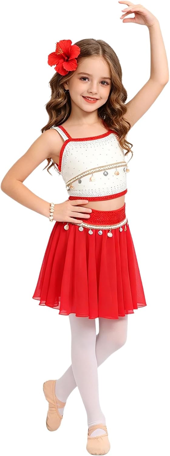 Kids Girls Sequin Shell Chiffon Skirt Set Asymmetrical Spaghetti Straps Ballet Dancewear for School Show