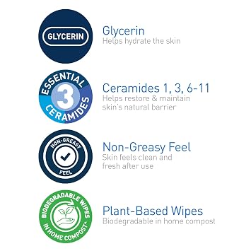 CeraVe Makeup Remover Wipes, Plant Based Face Wipes, Biodegradable in Compost, Waterless Face Wash, Travel Essentials for Women, Suitable for Sensitive Skin, Fragrance-free + Non-comedogenic, 25ct
