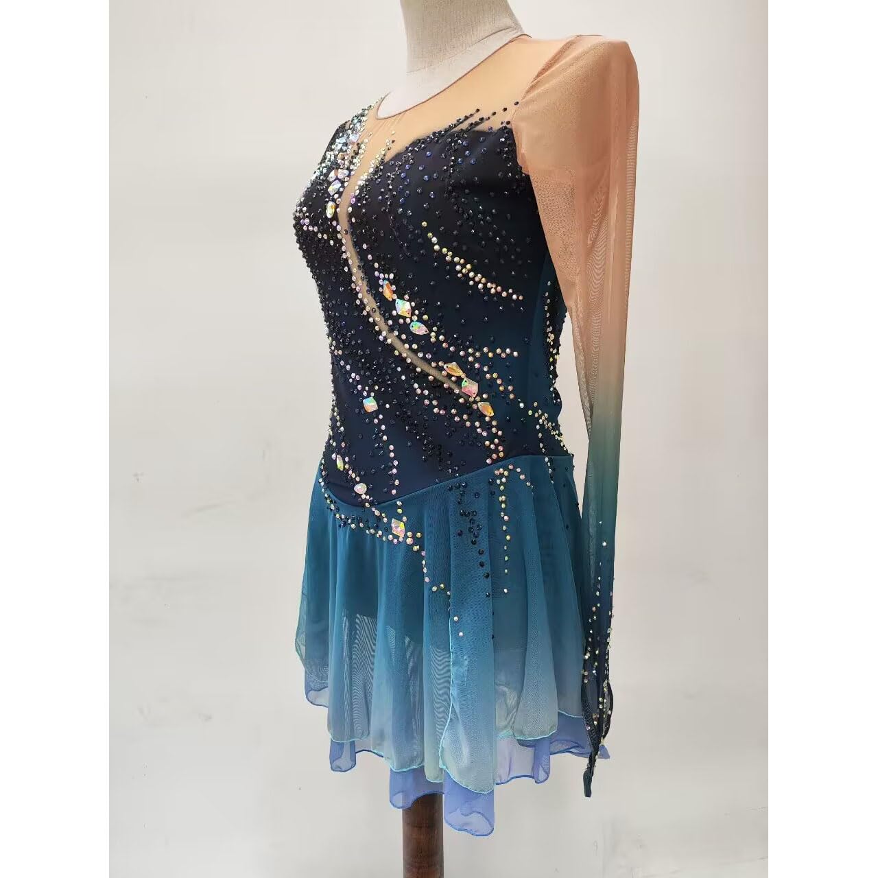 Abito da Pattinaggio Artistico Costumi da Gara di Danza Balletto Scollo Rotondo Gonna Prestazione Sport Invernali Tulle Bambine Abiti da Pattinaggio sul Ghiaccio Donna