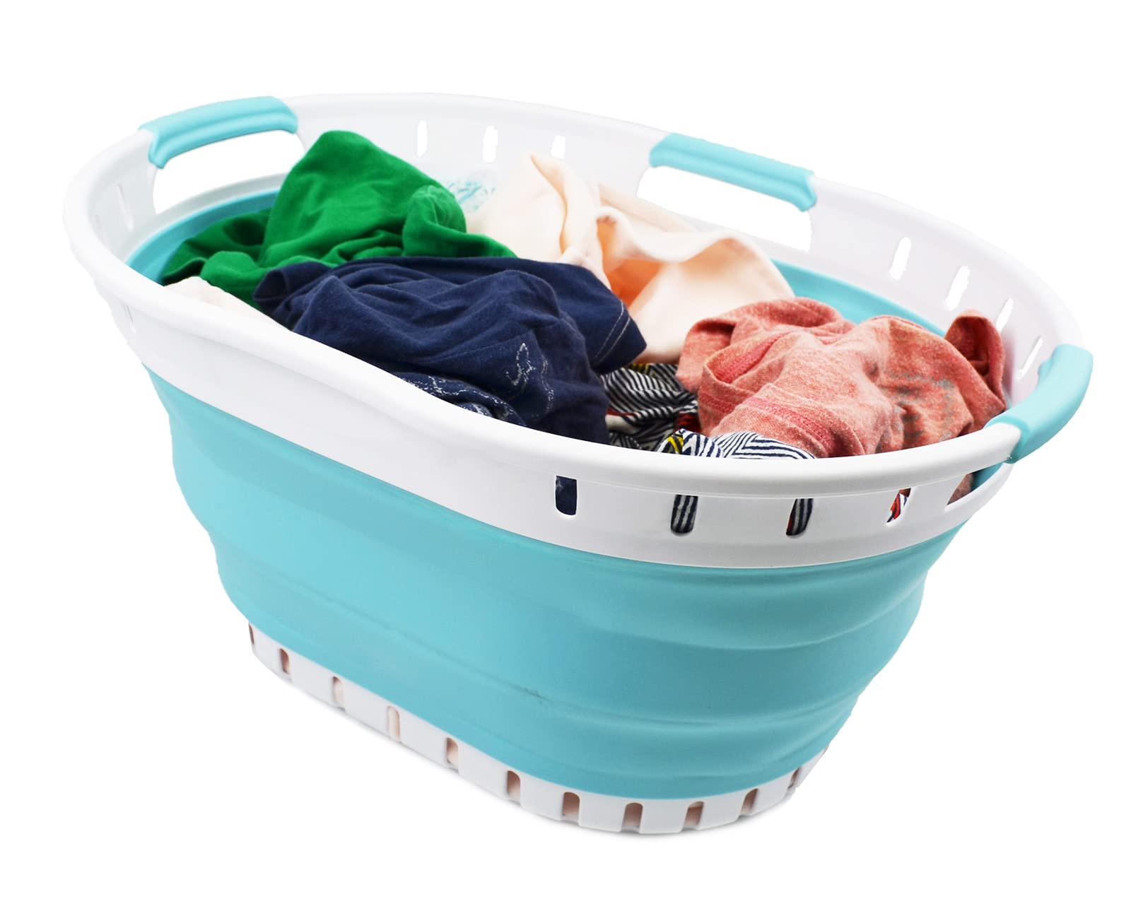 SAMMART Panier à linge pliable en plastique de 25 l – Boîte de rangement pliable – Bac à linge portable – Panier économiseur d'espace (1, blanc/bleu brume)