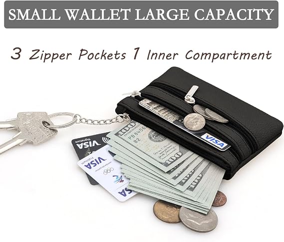Small Coin Purse, Leather Wallet, Credit Card Purse with Three compartments, Zipper, Key Ring, Small Purse, Business Card, Mini Wallet for Women, Black, (N1-DWXG-B11E)
