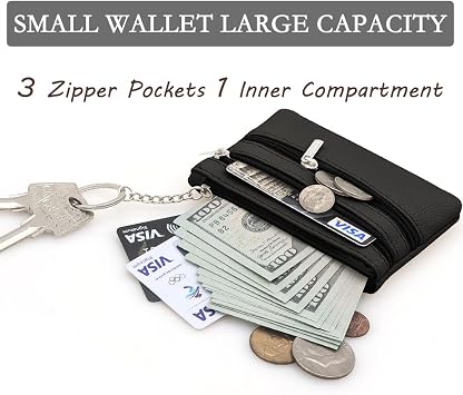 Small Coin Purse, Leather Wallet, Credit Card Purse with Three compartments, Zipper, Key Ring, Small Purse, Business Card, Mini Wallet for Women, Black, (N1-DWXG-B11E)