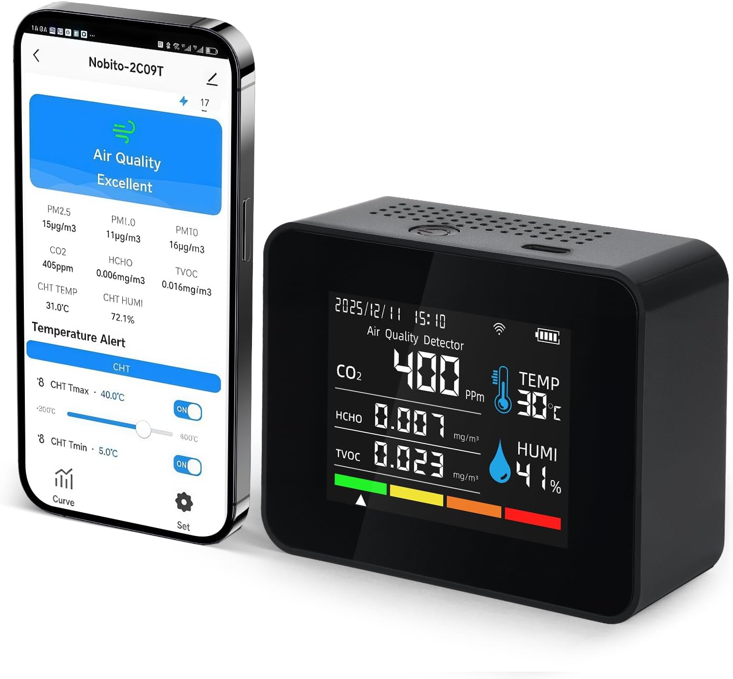 Smart Air Quality Monitor, Indoor Air Quality Meter with HCHO, CO2, PM2.5 PM10,PM1.0, TVOC, AQI, Temperature & Humidity,Time&Date,Alarm, 1-Year Data Storage, App Control for Home & Office