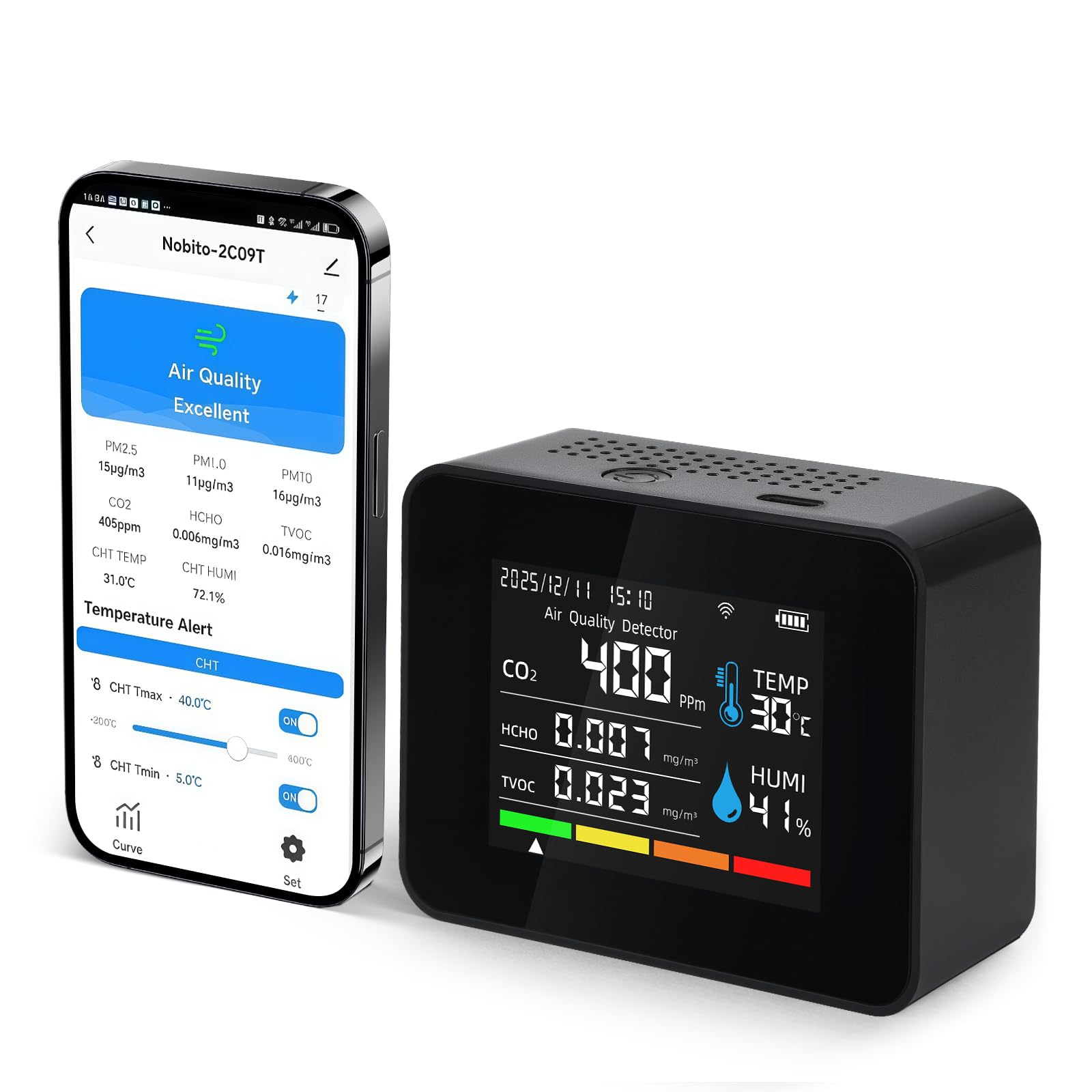 Smart Indoor Air Quality Monitor with APP - 12-in-1 CO2, Formaldehyde, HCHO,TVOC, PM1.0, PM2.5, PM10, Temperature,Humidity,Temperature Alarm Meter-