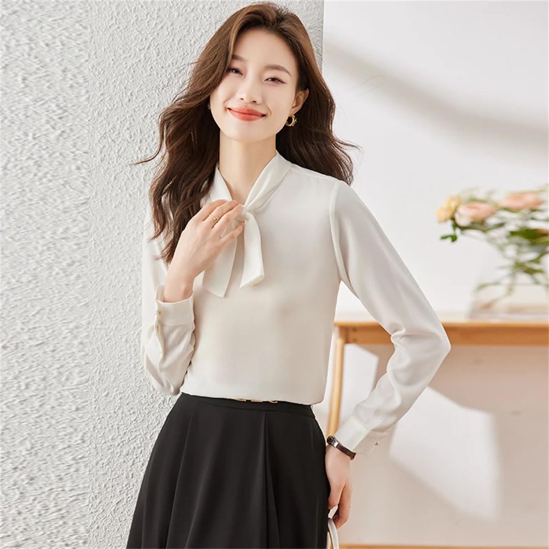 Elegante camisa de satén para mujer, con lazo, manga larga, pullove
