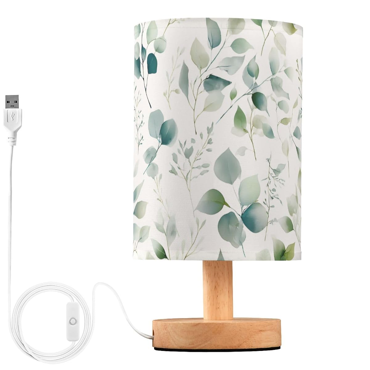 ALAZA Eucalyptus Leaves White Bedside Table Lamp with USB Port for Bedroom