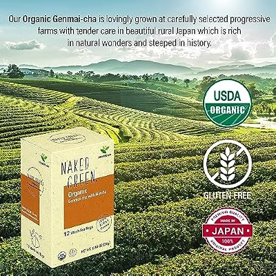 MAEDA-EN NAKED GREEN Organic Genmai-cha with Matcha 12 Tea Bags Hot or Cold Drink Green Tea Japanese Origin Individually Wrapped Teabags 08202 1pk