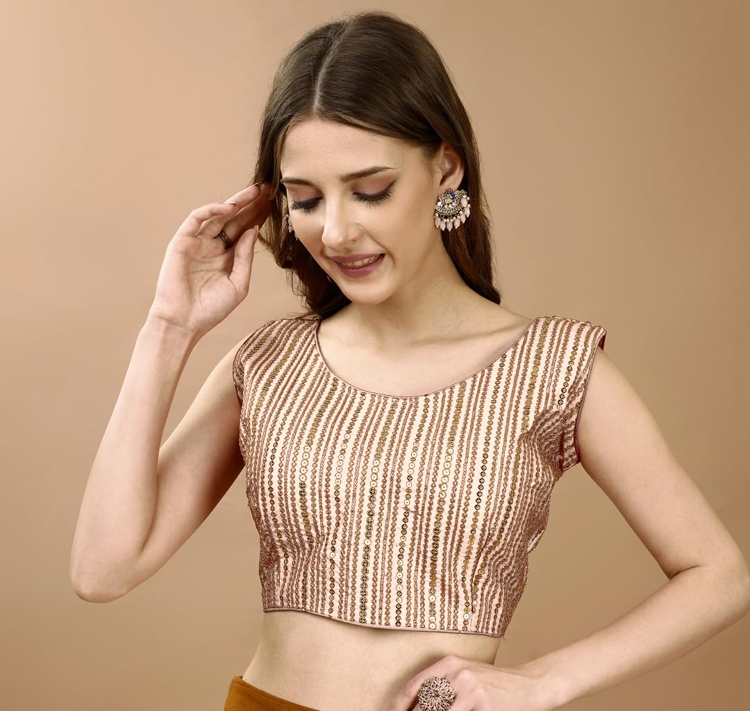 Pujia Mills Women's Sequin Embroidered U Neck Sleeveless Readymade Saree Blouse Indian Ethnic Designer Stitched Women's Cream Blouse For Women
