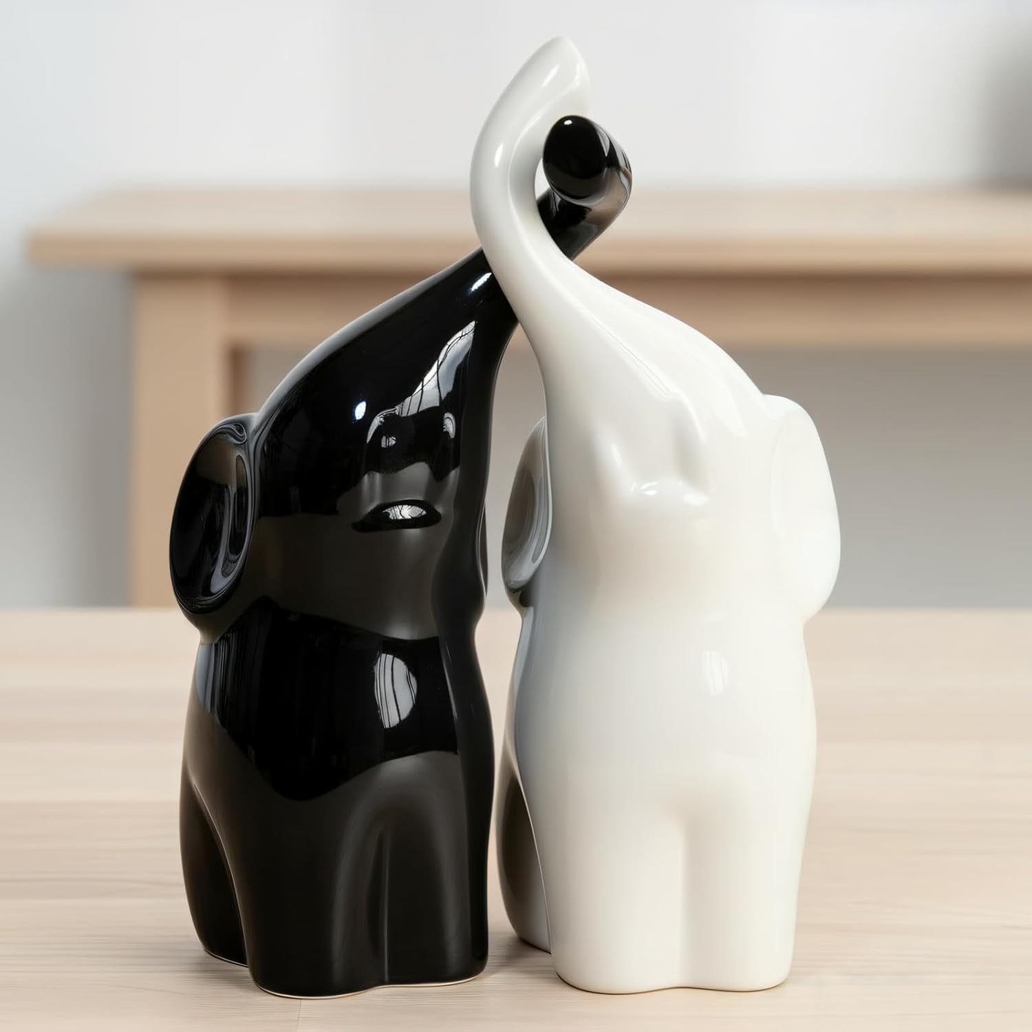 Ceramic Elephant Statue Decor - 6" Black & White Elephant Ring Holder Figurines for Living Room, Bedroom, Office Shelf - Valentine's Wedding Gift Ornaments, Anniversary Home Décor Accents
