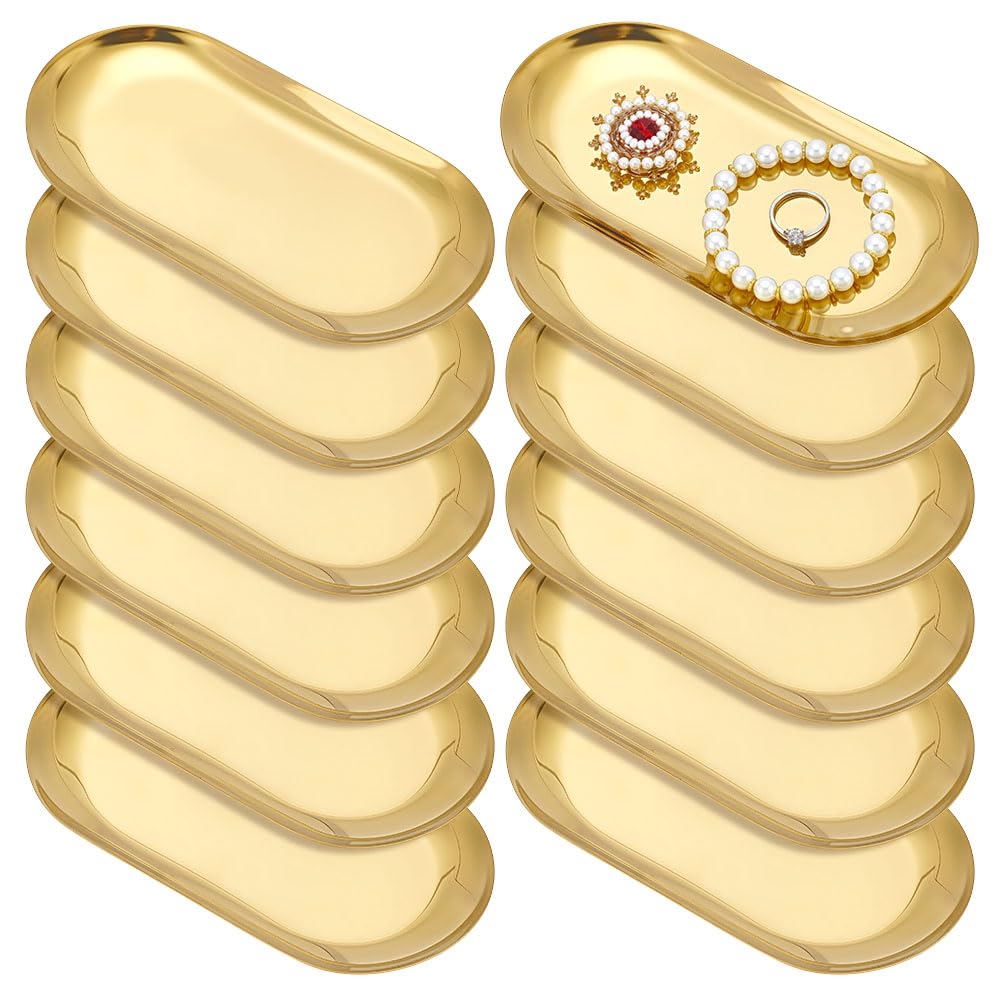 NBEADS Set di 12 vassoio Da Portata In Acciaio Inossidabile, Vassoio Decorativo Ovale per Gioielli Piccoli Vassoi In Metallo per Orecchini Collane Cosmetici Pennelli Sapone, Oro, 18x8.6cm