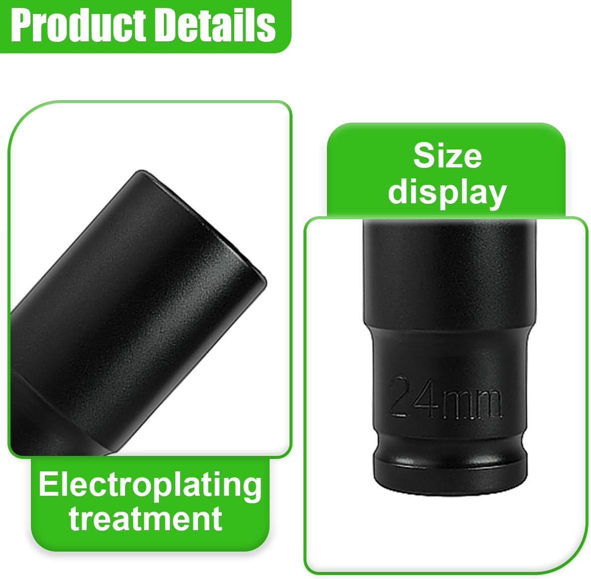 10PCS 1/2" Drive Deep Impact Socket Set, Cr-V Steel 6-Point Metric Car Wheel Lug Nut Removal Sockets Tool with 8-24mm Sizes, Universal Auto Repair Accessories for Most Cars(Green)