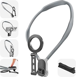 sXAU Magnetic Neck Mount for Phones, MagSafe-Compatible POV/Vlog Hands-Free Chest Holder for iPhone 15 14 13 12 Series and Android – Grey