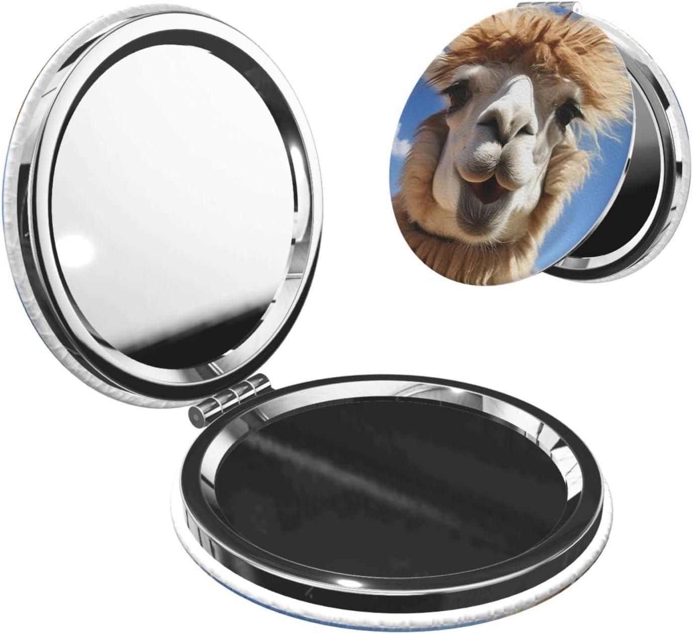 Funny Alpaca Llama Compact Mirror for Purse, Pu Leather Travel Makeup Mirror with 2X/1X Magnification, Foldable Cosmetic Mirrors, Portable Small Handheld Beauty Mirror for Woman Girls