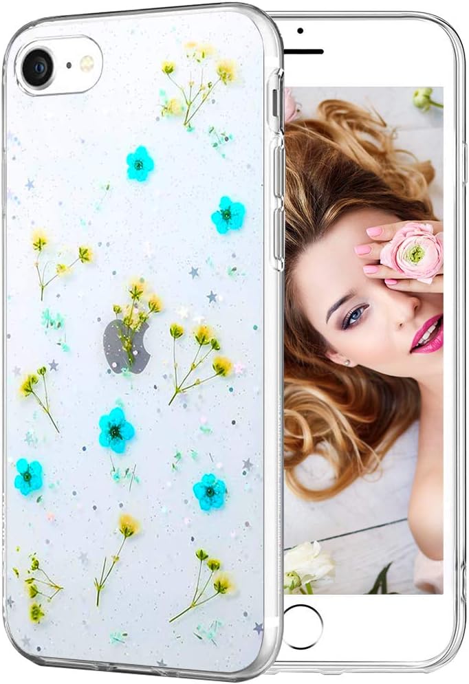 iPhone SE 2022/2020 Case,iPhone 8/7 Case for Girls Women, Clear Glitter Floral Flower Cute Design Protective Phone Case Cover with Dry Pressed Real Wildflowers for iPhone SE3/ SE2/ 8/7,Blue