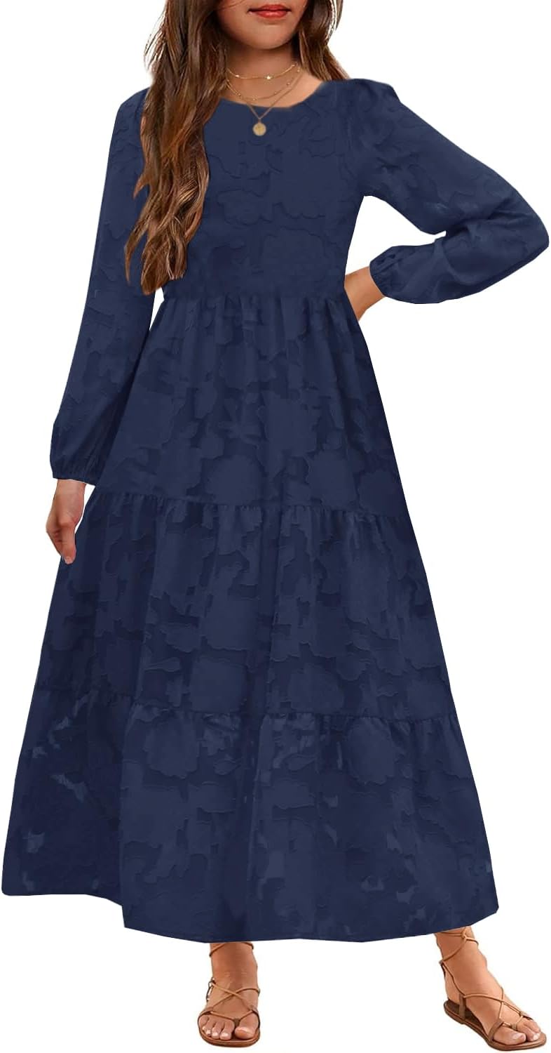 MITILLY Girls Fall Long Sleeve Dress Boho Flower A-Line Ruffle Tiered Flowy Maxi Dresses for Wedding Party 6-12 Years