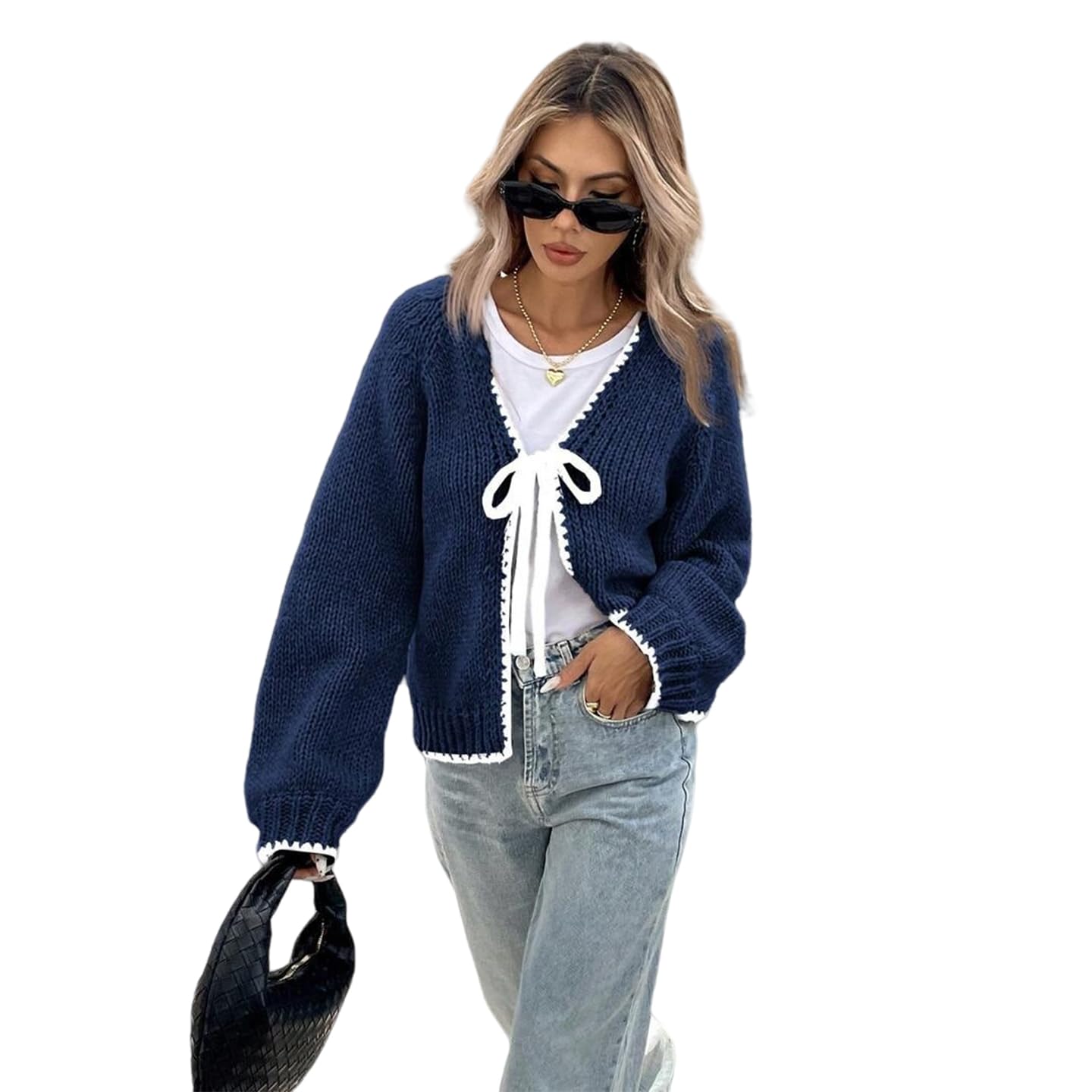 Womens Knit Cardigan Sweater with Bow Tie Front Long Sleeve Navy Blue and Gray
