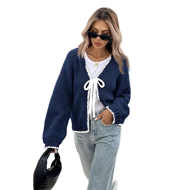 Womens Knit Cardigan Sweater with Bow Tie Front Long Sleeve Navy Blue and Gray