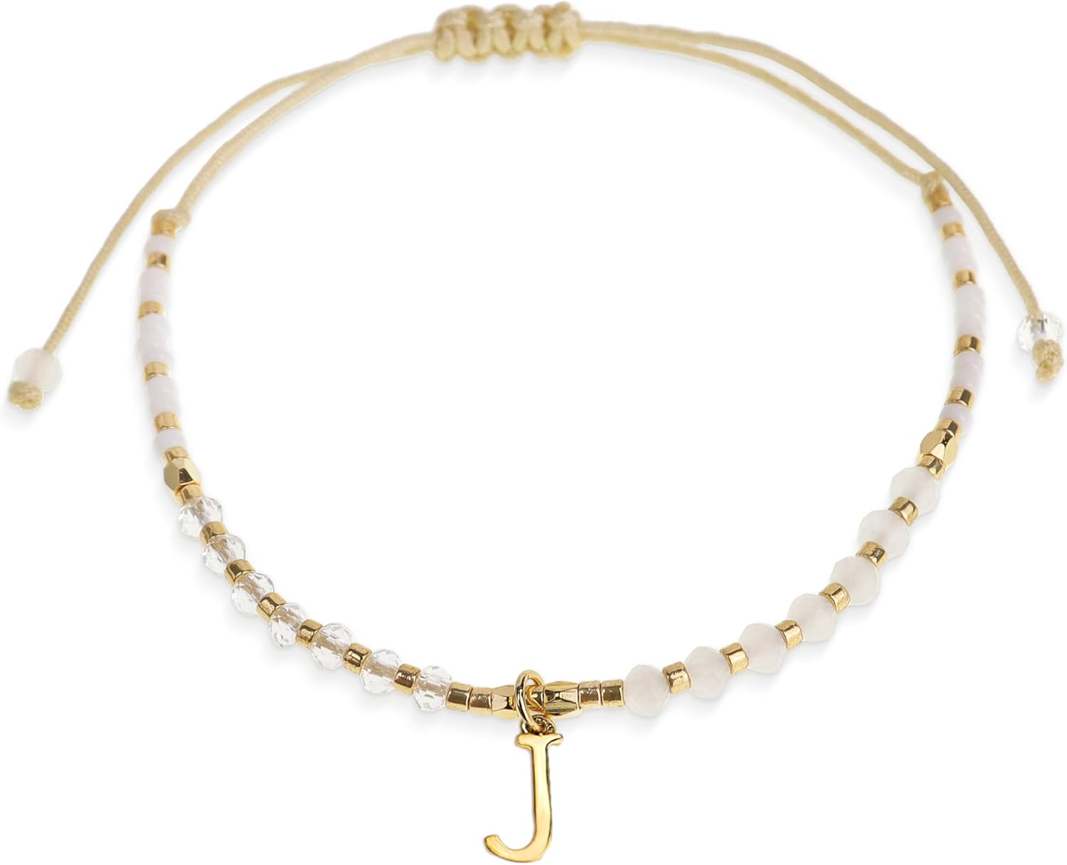 White Gold Beaded Natural Stone Initial Bracelets for Women Teen, Boho Handmade Personalized Gemstone Beads Letter Name Braided Rope Adjustable Bracelet Beach Bohemian Jewelry Gift