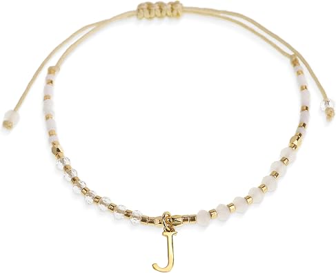 White Gold Beaded Natural Stone Initial Bracelets for Women Teen, Boho Handmade Personalized Gemstone Beads Letter Name Braided Rope Adjustable Bracelet Beach Bohemian Jewelry Gift