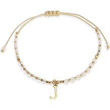 White Gold Beaded Natural Stone Initial Bracelets for Women Teen, Boho Handmade Personalized Gemstone Beads Letter Name Braided Rope Adjustable Bracelet Beach Bohemian Jewelry Gift