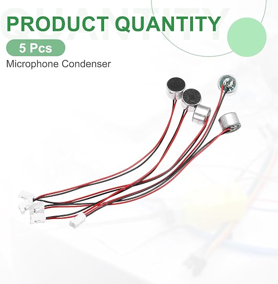 sourcing map 5 Pcs Electret Microphone Condenser Pickup, 9.7mm Dia Mini MIC Electret Condenser with 100mm Wire Leads 50dB for Audio, Black