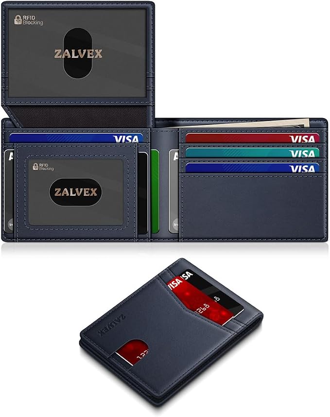 Cartera delgada de piel con bloqueo RFID para 14 tarjetas, cartera delgada minimalista plegable con 2 ventanas para identificación y ranura para efectivo, tarjetero con bolsillo frontal, para hombres