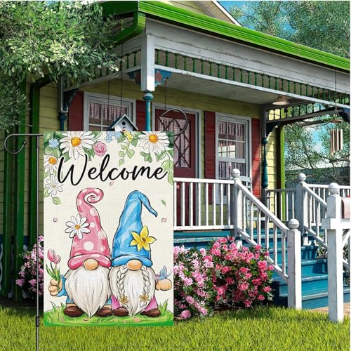 Ouwealy Spring Garden Flag 12x18 Inch - Cute Gnome Couple with Floral Design, Double-Sided "Welcome" Outdoor Decor for Patio Yard Spring Seasonal Decorations — view 4