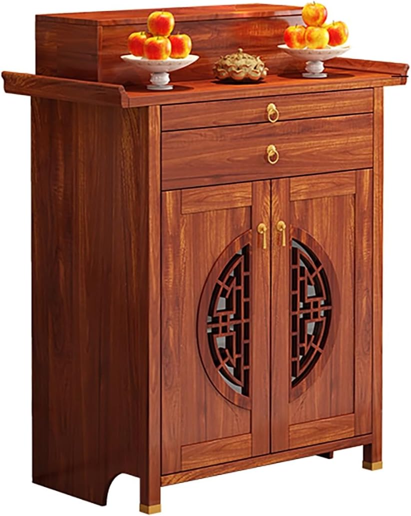 Chinese Buddha Niche Cabinet,Meditation Altar Cabinet,Pedestal Offering Table,with Storage and Drawer,for Living Room Temples.(Red Teak,30.71x18.9x46.65in)