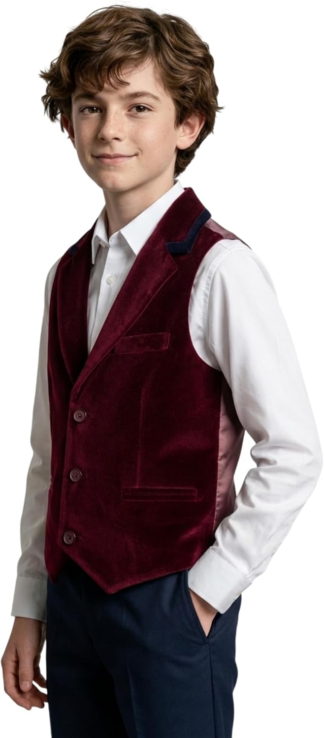 SIRRI Boys Velvet Vest Contrast Lapel Trim Slim Fit Prom Wedding Outfit