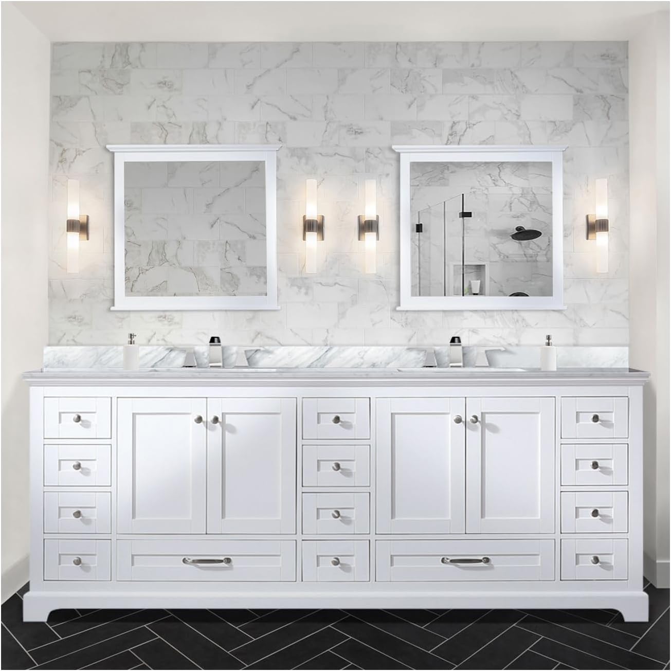 Dukes 84 in. W x 22 in. D White Double Bath Vanity, Carrara Marble Top, and Faucet Set