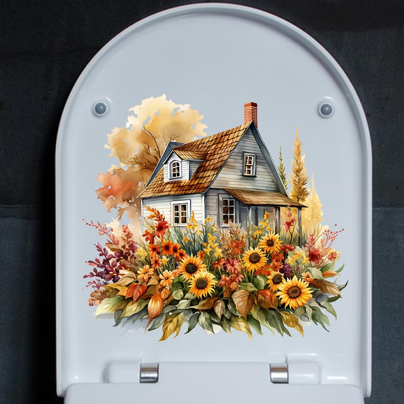 Valentine's Flower Toilet Cover Sticker Decals,Spring Sunflower Leaf Waterproof Toilet Lid Tank Seat Decals Cistern Self-Adhesive Bathroom Wall Sticker