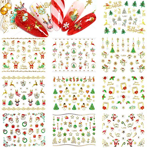 Prettydiva Christmas Nail Stickers - 10 Packs 3D Metal Gold Xmas Design Self-Adhesive Nail Decals, Bronzing Snowflakes Snowmen Santa Xmas Tree Nail Art Stickers Tips Diy Decoration For Women Kids #TOP4