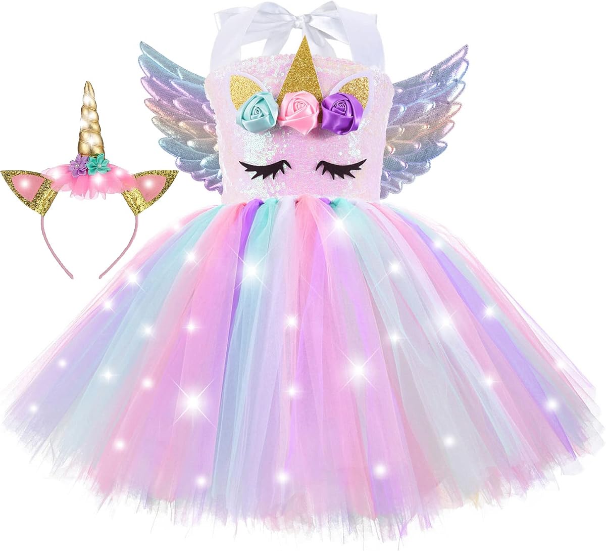 Disfraz de unicornio iluminado para niñas, vestido de princesa de Halloween, decoración de cumpleaños | Luces LED tanto en el vestido como en la diadema, parte superior frontal de lentejuelas del tutú, trajes de fiesta de Navidad para celebraciones, regalos para niños