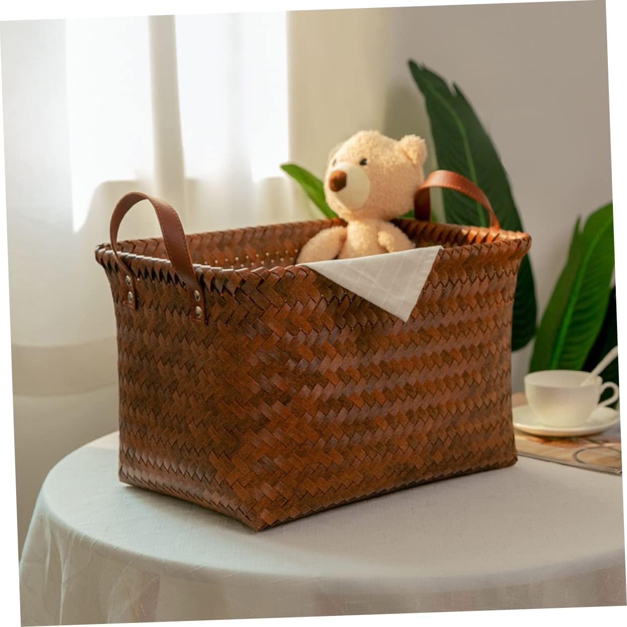 BESTYASH Woven Laundry Storage Basket with Handle Medium Sized Sundries Container for Bedroom Closet Dorm Versatile Home Organizer for Clothes Towels and More