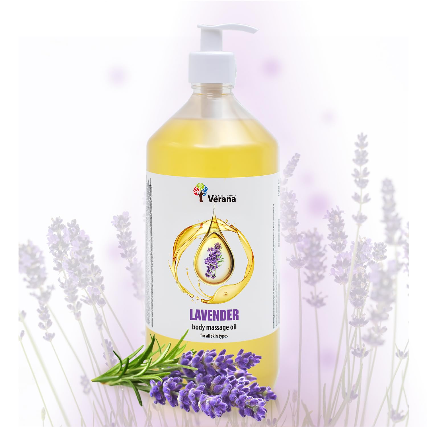 Verana Olio per Massaggio corpo Lavanda, Naturale, Senza OGM, Rilassante, Rende la Pelle Morbida ed Elastica, Calma il Sistema Nervoso, Massaggio Rigenerante e Nutriente, Aromaterapia (1L)