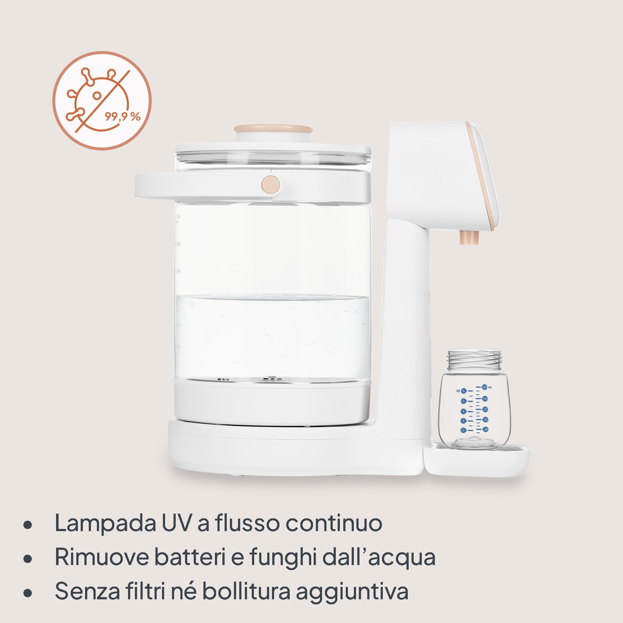 Lionelo BABYPRESTO 2.0 Preparatore Istantaneo di Latte in polvere con Temperatura Regolabile 40-100°C, Dosaggio Automatico 30-300 ml, Formula Scaldabiberon, Dispenser Acqua 3L, Declorazione, Igiene UV
