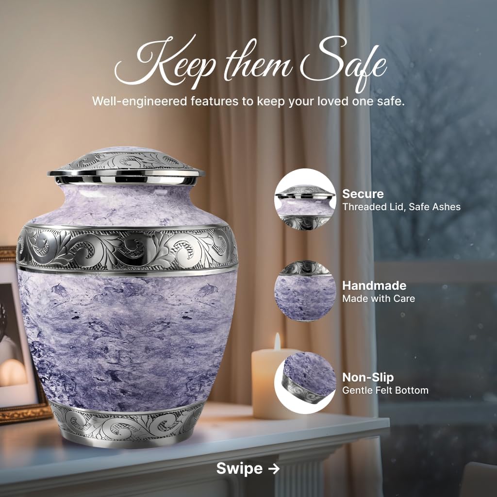 Set of 2 Decorative Urns for Human Ashes Includes 1 Large Urn with 4 Small Keepsakes & 1 Silver Necklace - White Pearl