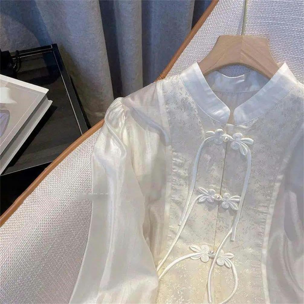 Long-Sleeved Solid Color Shirt Tassel Women's Spring and Autumn Modified Traditional Chinese Style Shirt tie top