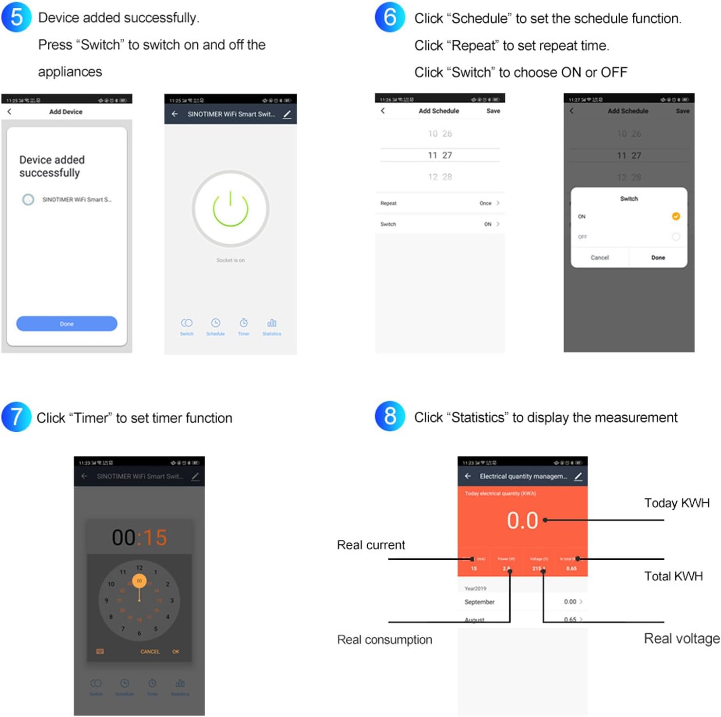 Screenshots of the mobile app for device setup, scheduling, timer, and statistics