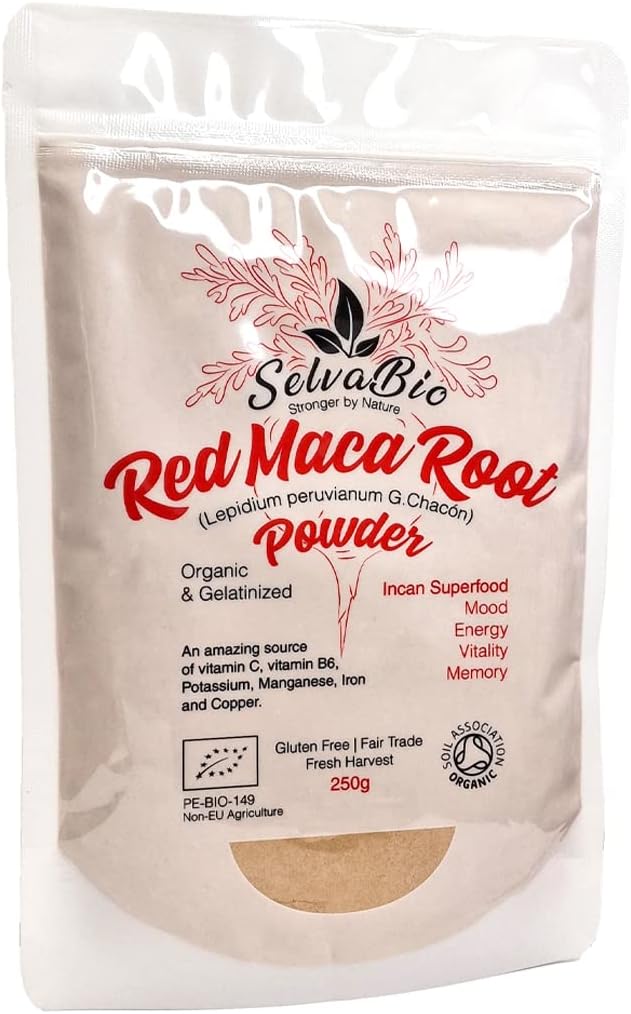 Organic Red Maca Root Gelatinized Powder, Soil Association Certified, 250g from The high Peruvian Mountains.