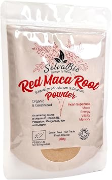 Red Maca Root Powder 250 g from Peru, Certified Organic, Gelatinised, Single Origin, Vegan Society Certified, for Smoothies, Shakes & Baking
