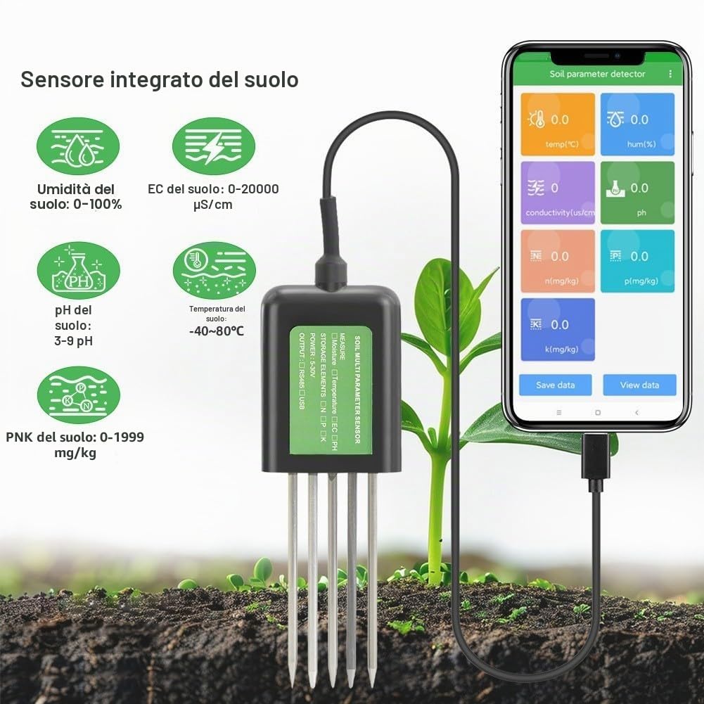 Tester del suolo 7 in 1, metro di analisi digitale USB per test di temperatura, pH, NPK, umidità compatibile con app Android, cavo da 1,5 m