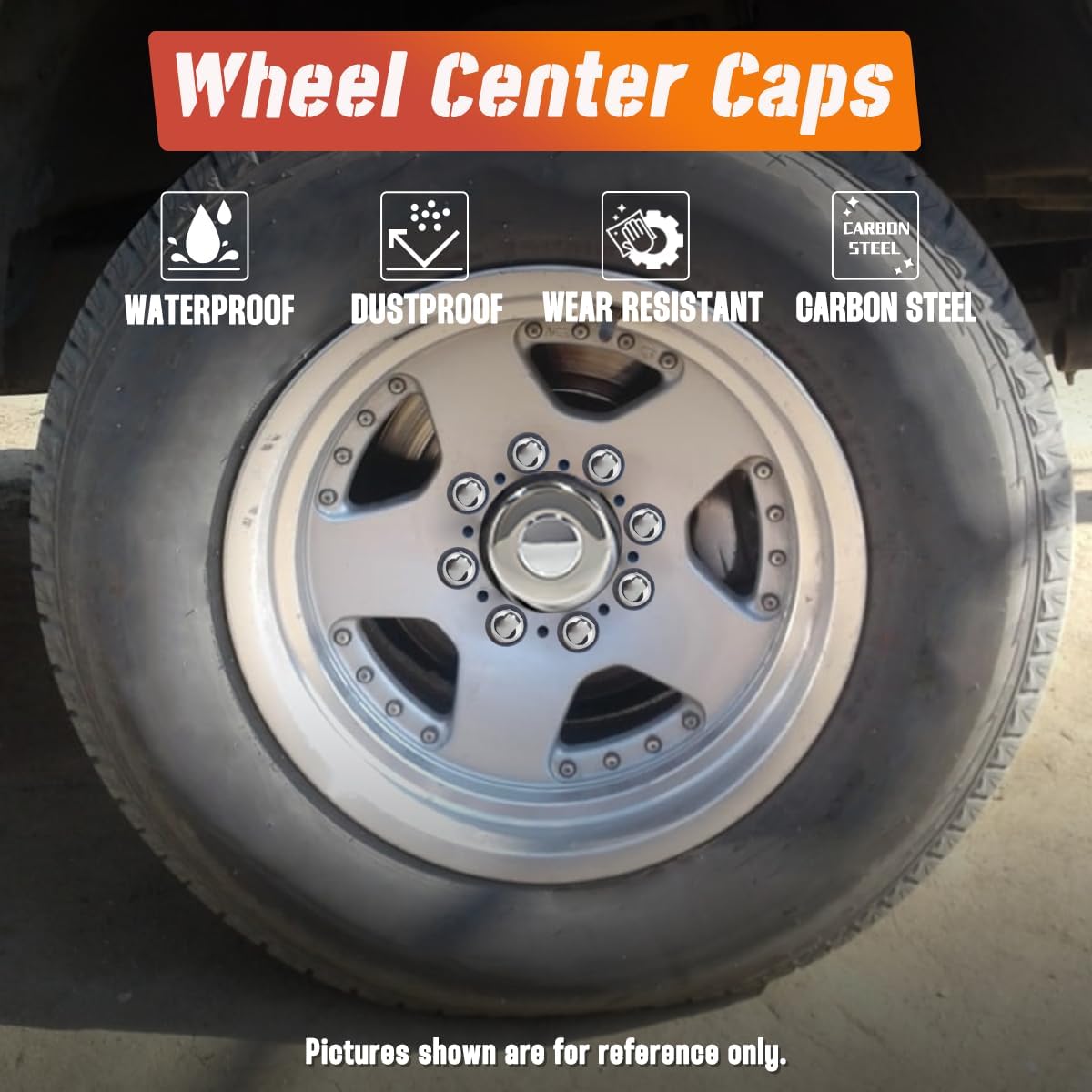 4-Pack Trailer Push Through Center Caps and Trailer Wheel Lug Sets - 4.9in Wheel Center Caps Chrome Wheel Cover Carbon Steel Hub Cap with 32 Chrome Capped 9/16″-18 Lug Nuts for Truck RV
