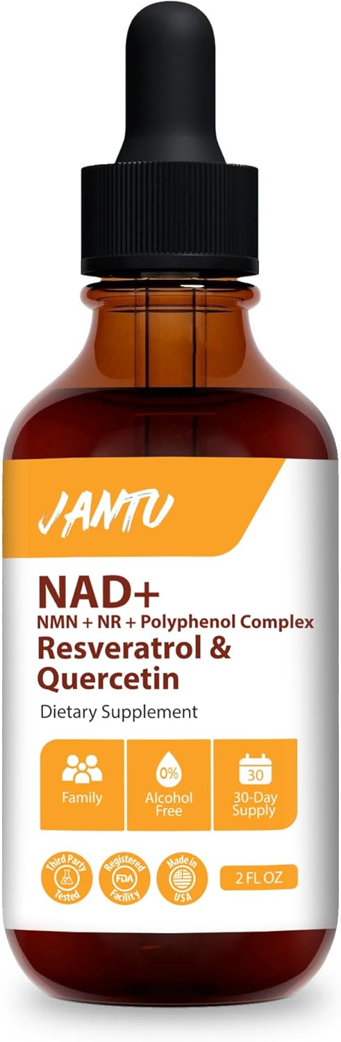 Jantu NAD+ Resveratrol and Quercetin Supplement, 2 FL OZ Liquid Tincture with L-Ascorbic Acid, 30-Day Supply, Alcohol-Free Dietary Supplement