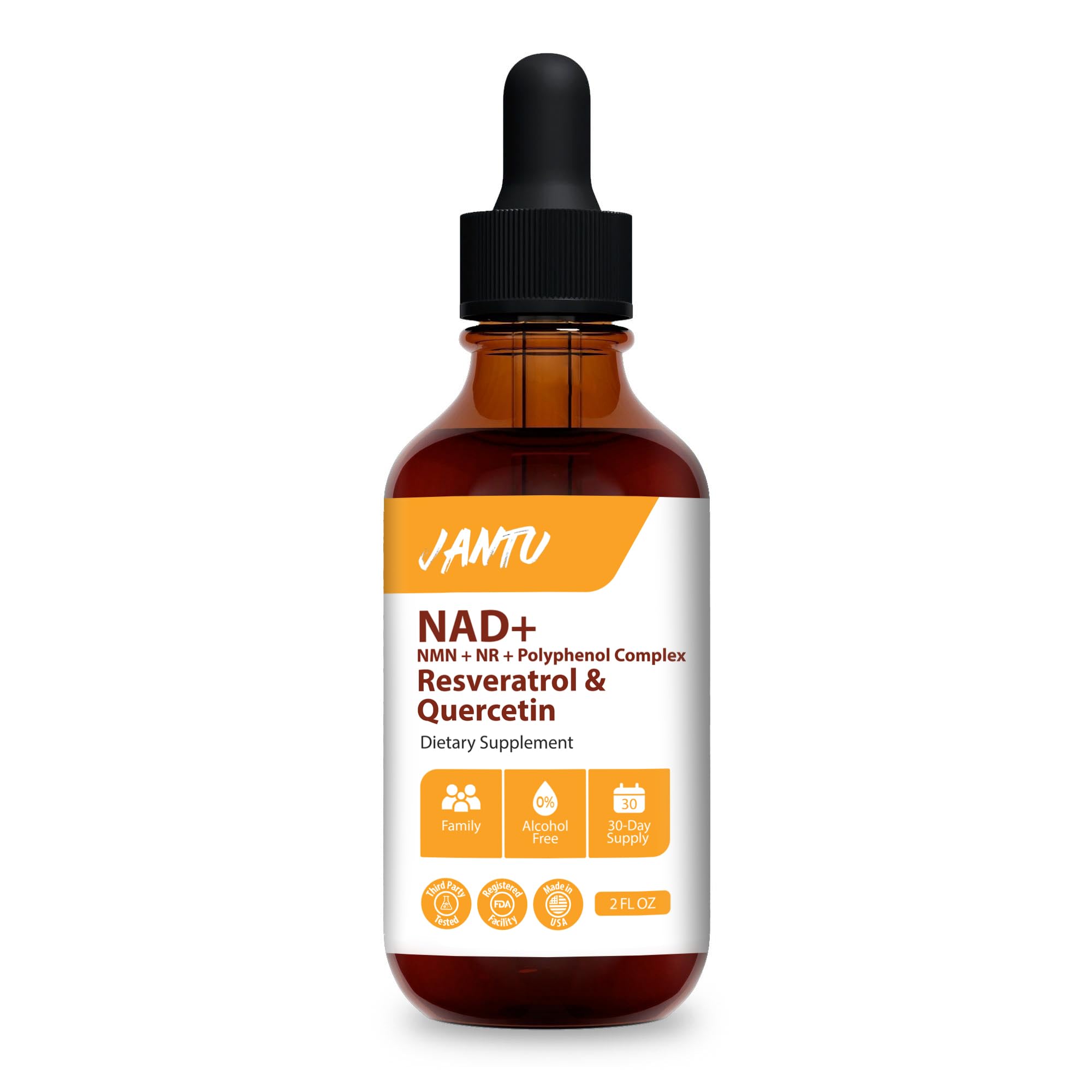 Jantu NAD+ Resveratrol and Quercetin Supplement, 2 FL OZ Liquid Tincture with L-Ascorbic Acid, 30-Day Supply, Alcohol-Free Dietary Supplement