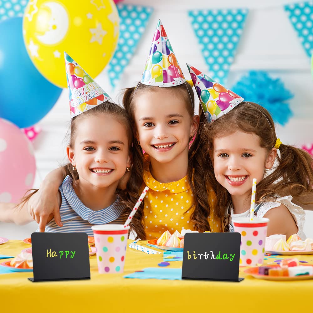 Vicloon Mini pizarra negra, 12 signos para la comida, mini mesa de tiza con 4 bolígrafos, 2 paños de limpieza gris para bodas, fiestas, decoraciones de mesa y precio etiqueta