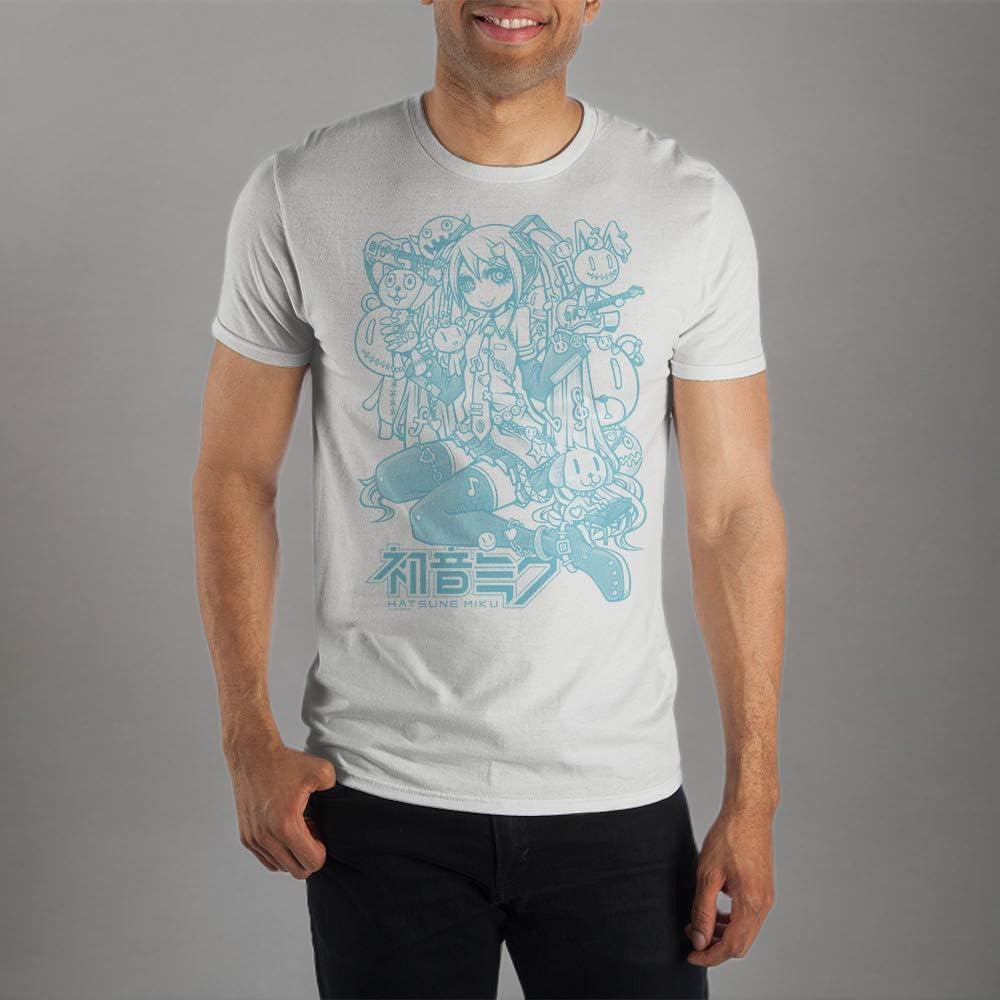 Hatsune Miku Blue Line Art Crew T-Shirt, Vocaloid Star with Cute Animals Accessory Stylish