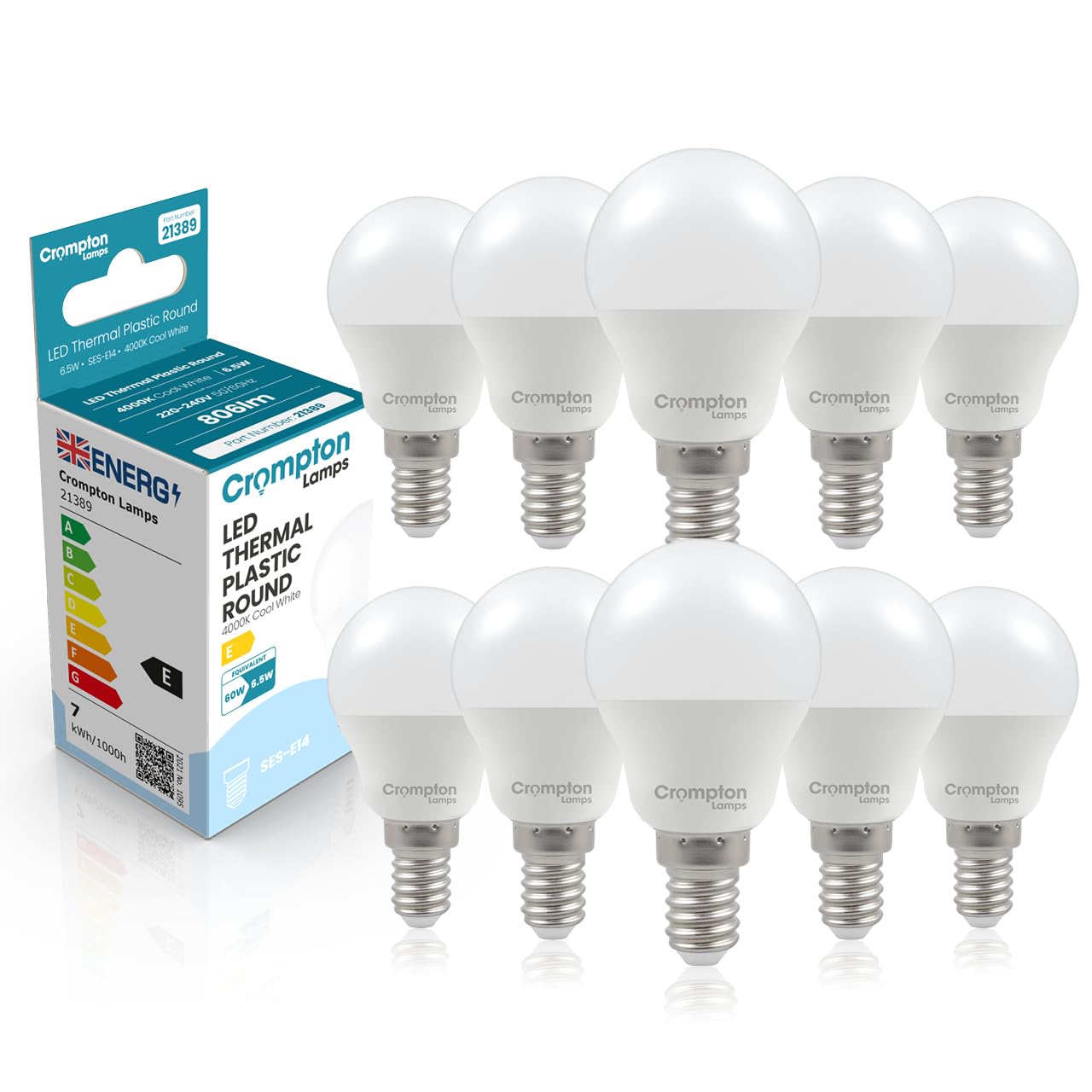 Crompton Lamps Golfball LED E14 Bulb | 6.5W = 60W Equivalent | Cool White 4000K | Energy Efficient | Small Screw Lightbulb | Long Life 15,000-Hrs | Bulbs for Lamps | 10-Pack