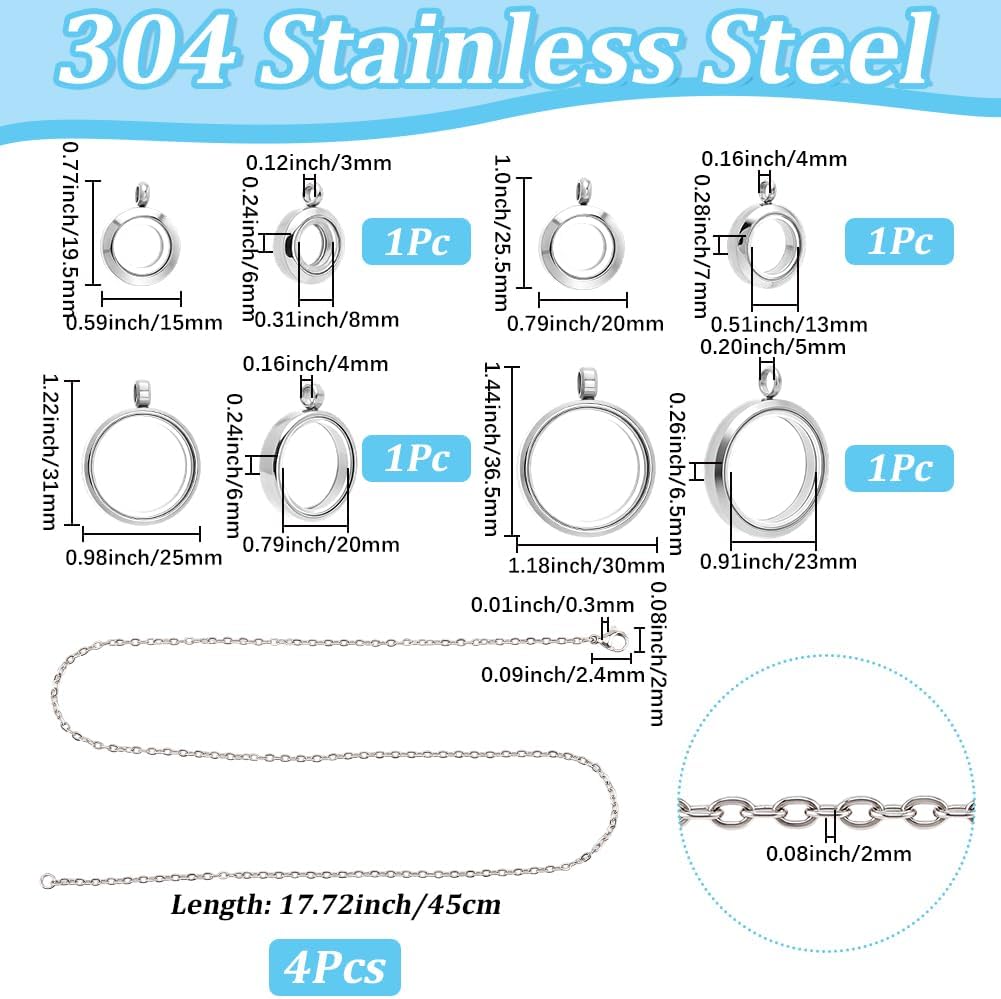 4 Size 8Pcs 4 Sets Stainless Steel Locket Pendant Necklace Silver Clear Locket Pendant Bulk Glass Round Floating Living Memory Charms Keepsake Photo Necklace for Women Friendship Nostalgic image 2